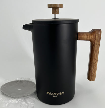 34oz French Press Coffee Maker, Wood Handle, Double Wall Steel