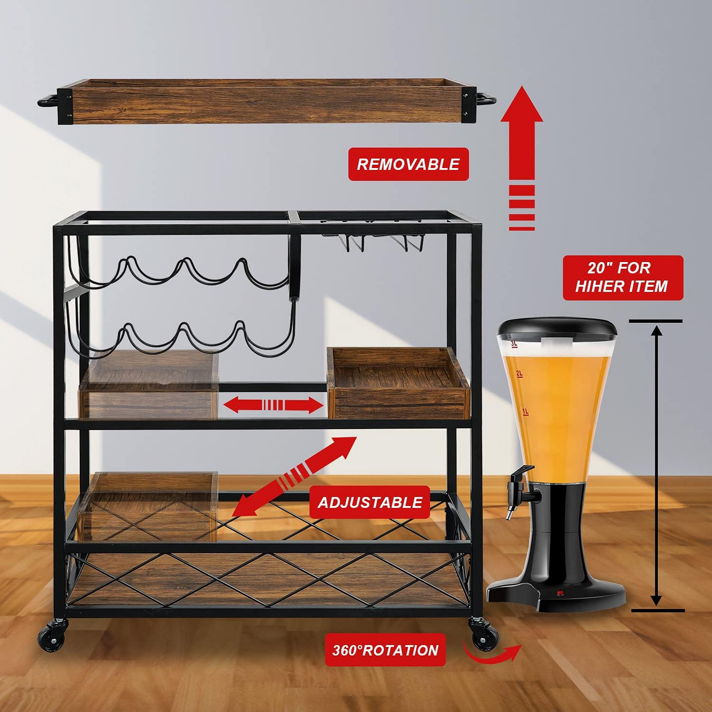 Bar Cart for the Home, 3 Tire Industrial Rolling Serving Cart on Lockable Wheels