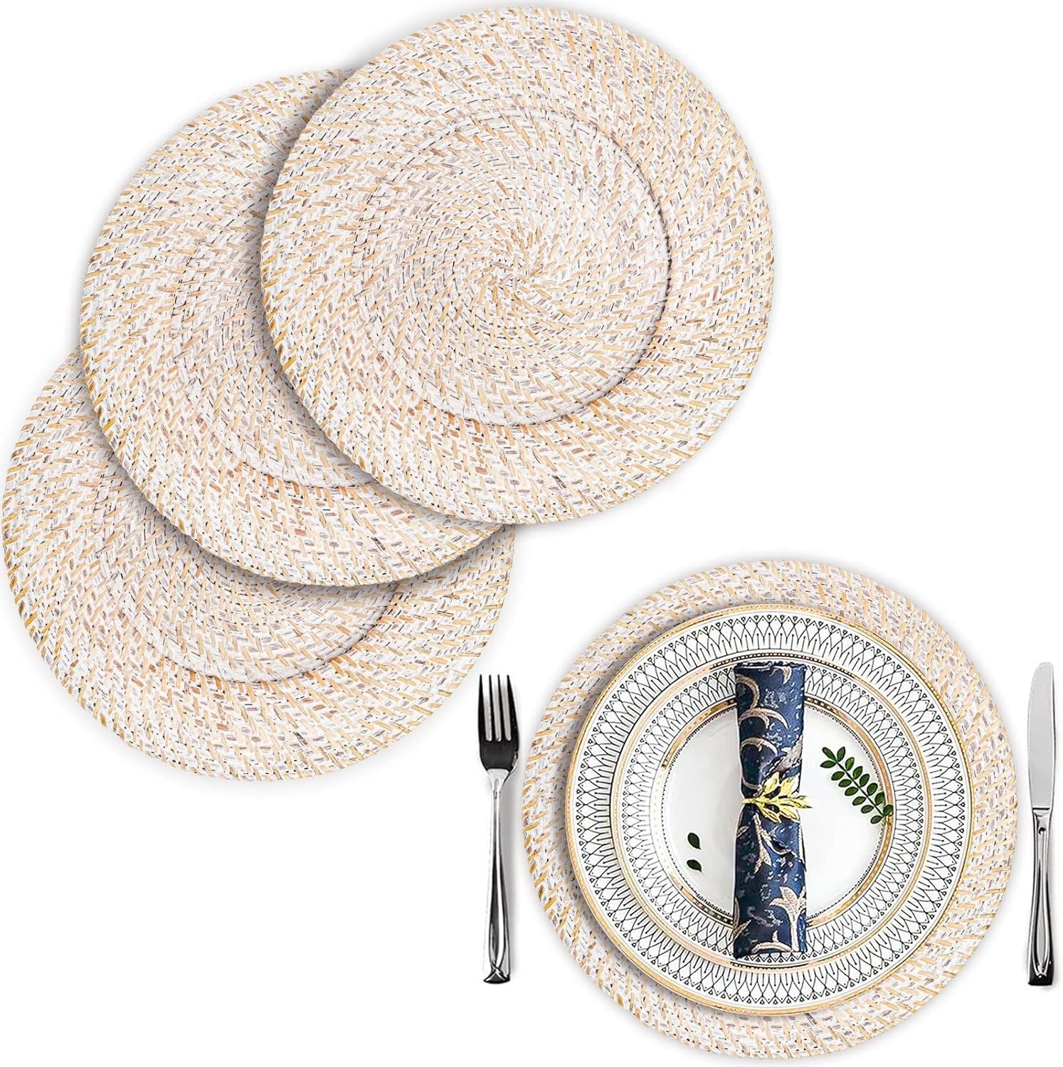 White Rattan Charger Plates 13" Set of 4 Rustic Woven Table Decor
