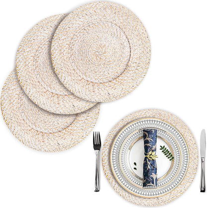White Rattan Charger Plates 13" Set of 4 Rustic Woven Table Decor