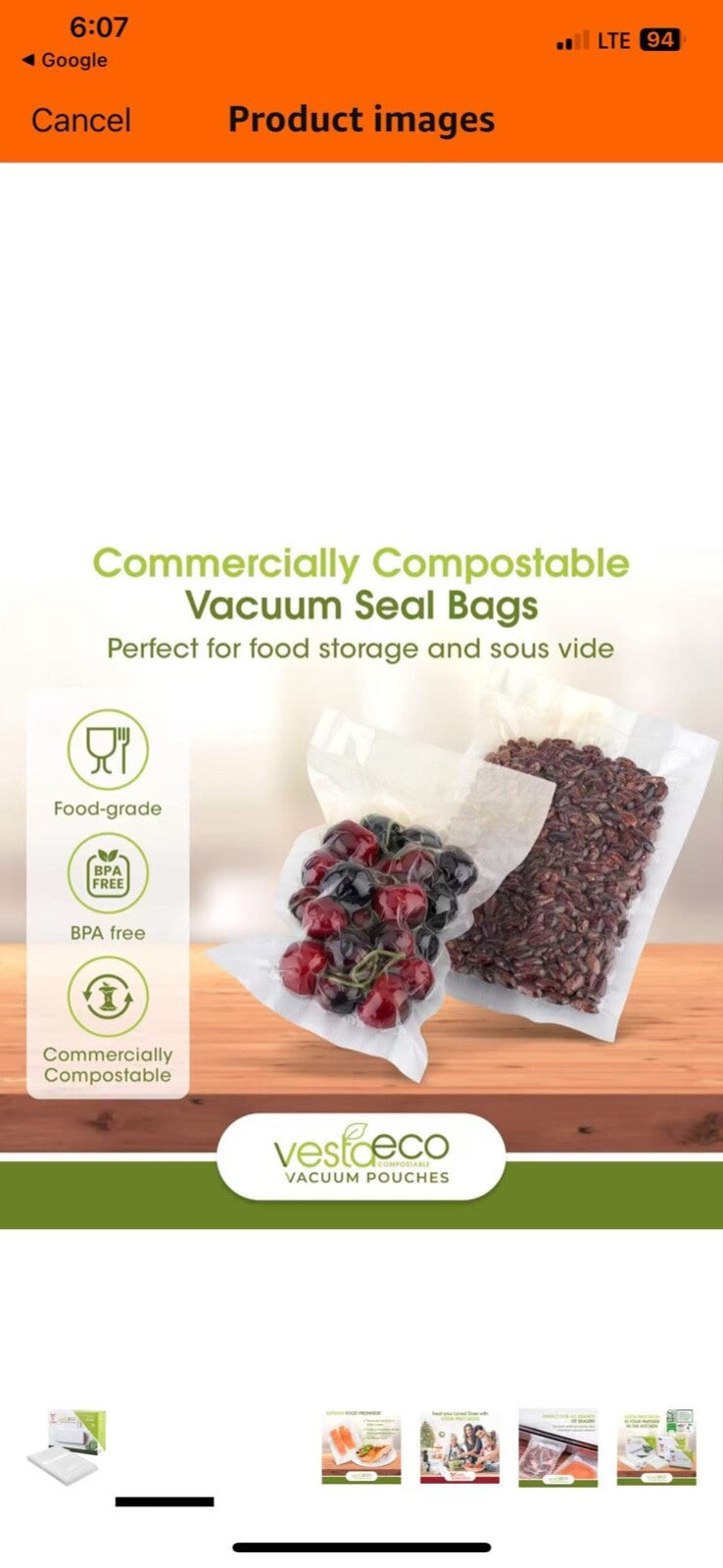 VestaEco Commercially Compostable Vacuum Seal Bags - Embossed - 8 x 10 Inches -