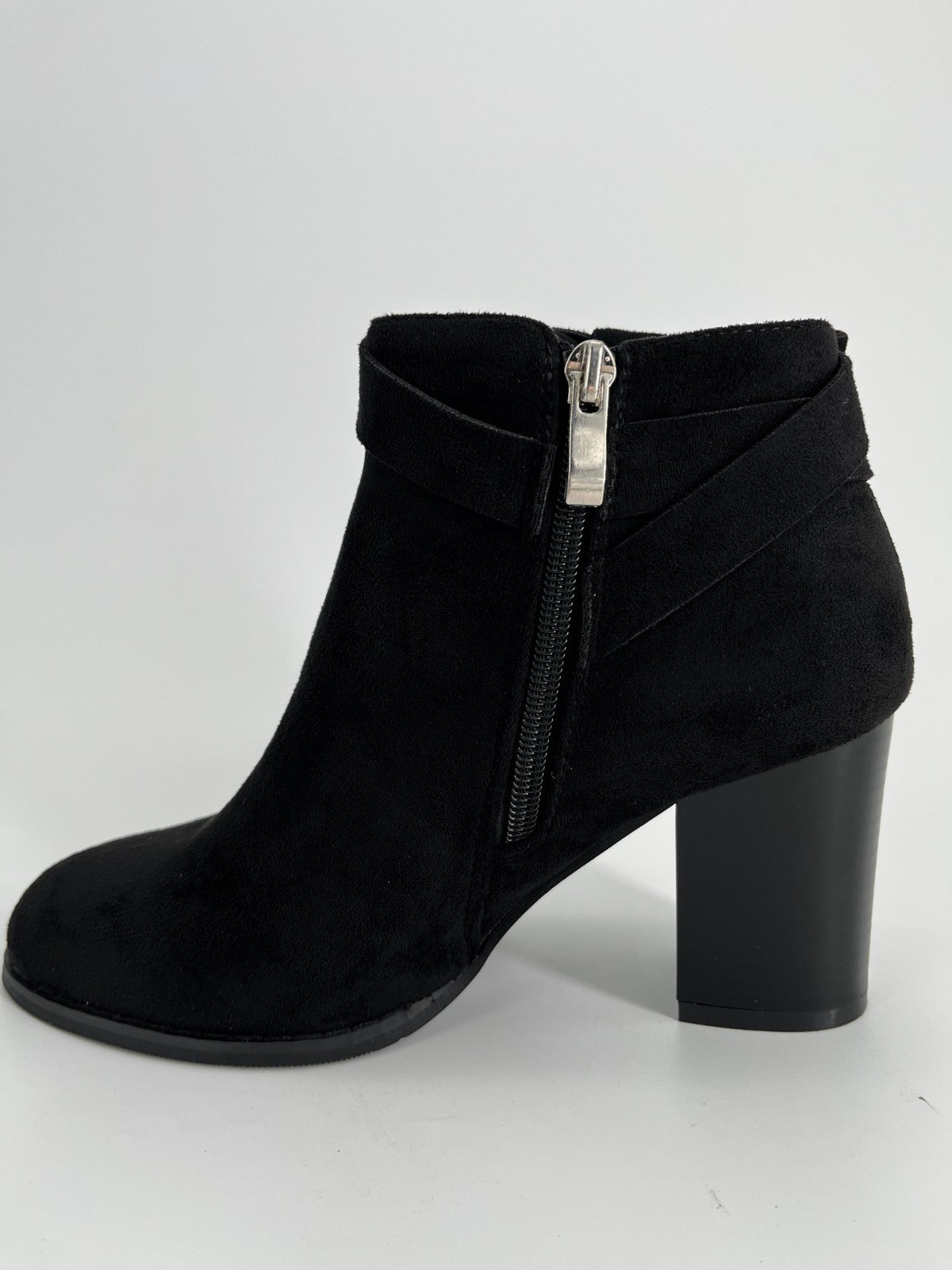 Women’s Black Suede Ankle Booties, Chunky High Heel, Side Zipper, Size 7