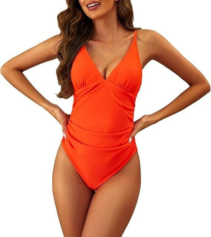 Women’s V-Neck Swimsuit, Vacation Beach Swimwear, Color:Orange, Size:XS