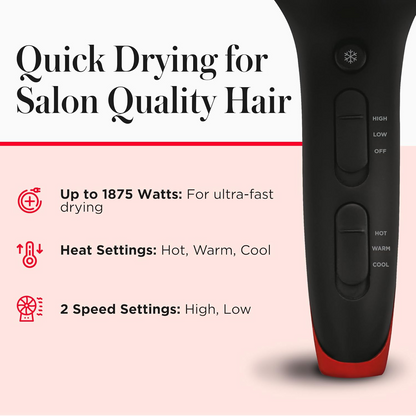 Coconut Oil Infused Hair Dryer with Diffuser & Concentrator - Ionic Ceramic Blow