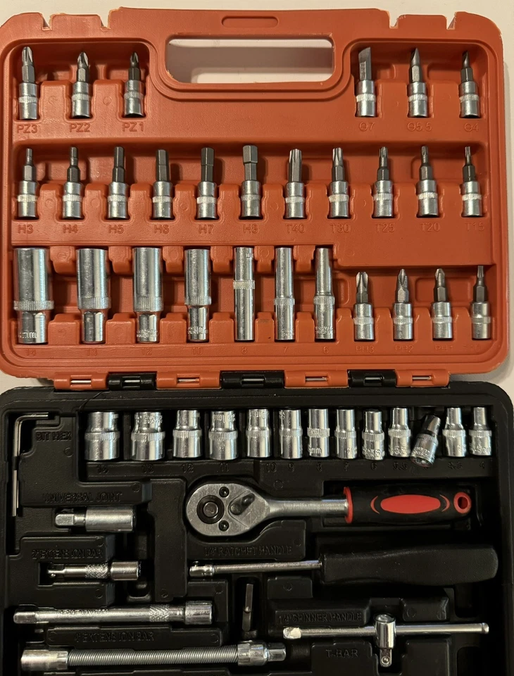 53 Piece 1/4” Dr. Socket Set, Bits, Hex Key Wrenches, Ratchet, Metric, Deep, New