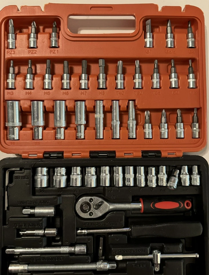53 Piece 1/4” Dr. Socket Set, Bits, Hex Key Wrenches, Ratchet, Metric, Deep, New