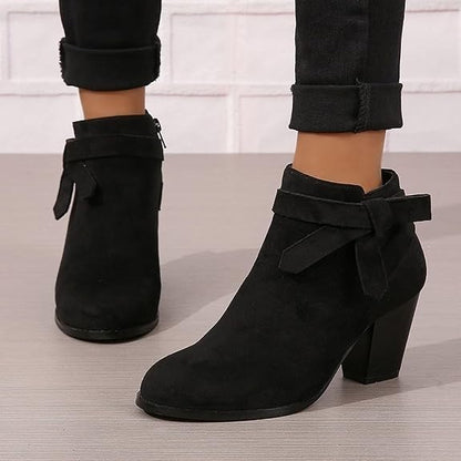 Women’s Black Suede Ankle Booties, Chunky High Heel, Side Zipper, Size 7