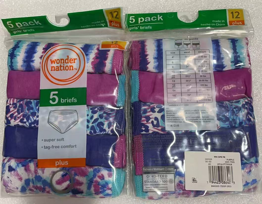 10PCS Wonder Nation Girls Cotton Brief Underwear, 5Pack, Sizes 12