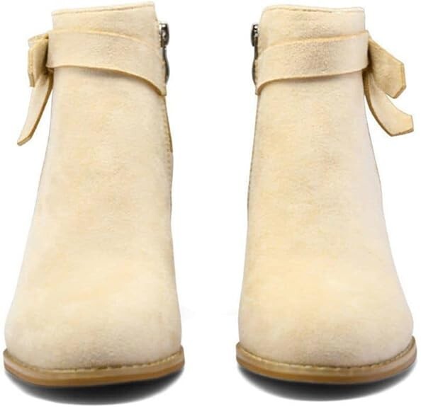 11 FYS Botas cortas de punta redonda con lazo para mujer, con cremallera lateral