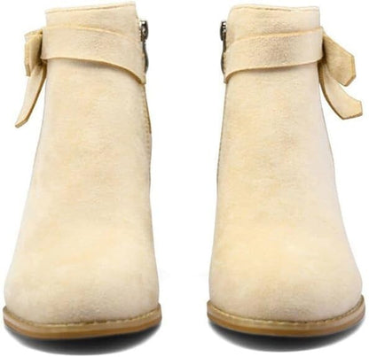11 FYS Botas cortas de punta redonda con lazo para mujer, con cremallera lateral