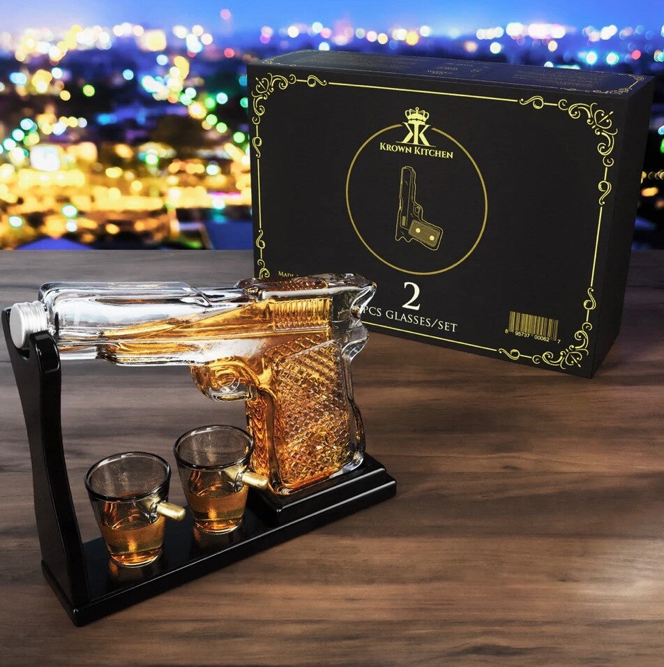 Gifts for Men Dad Whiskey Decanter Set 9 Oz with Two 2 Oz Glasses, Pistol Gun Bi