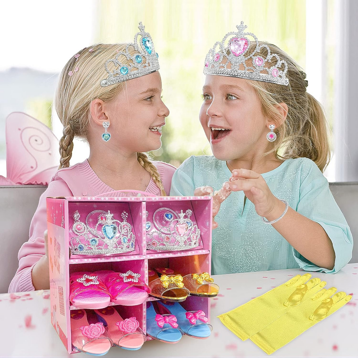 Princess Dress Up Shoes Toys 4 Pairs Girls Plastic Shoes and Jewelry Accessories
