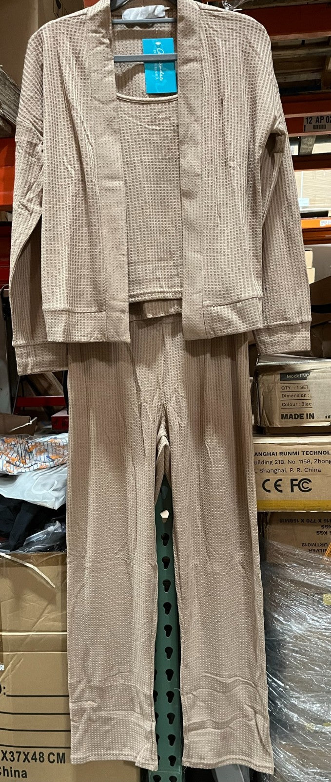 Women’s 3-Piece Knit Pajama Set – Shadow Beige, Size M