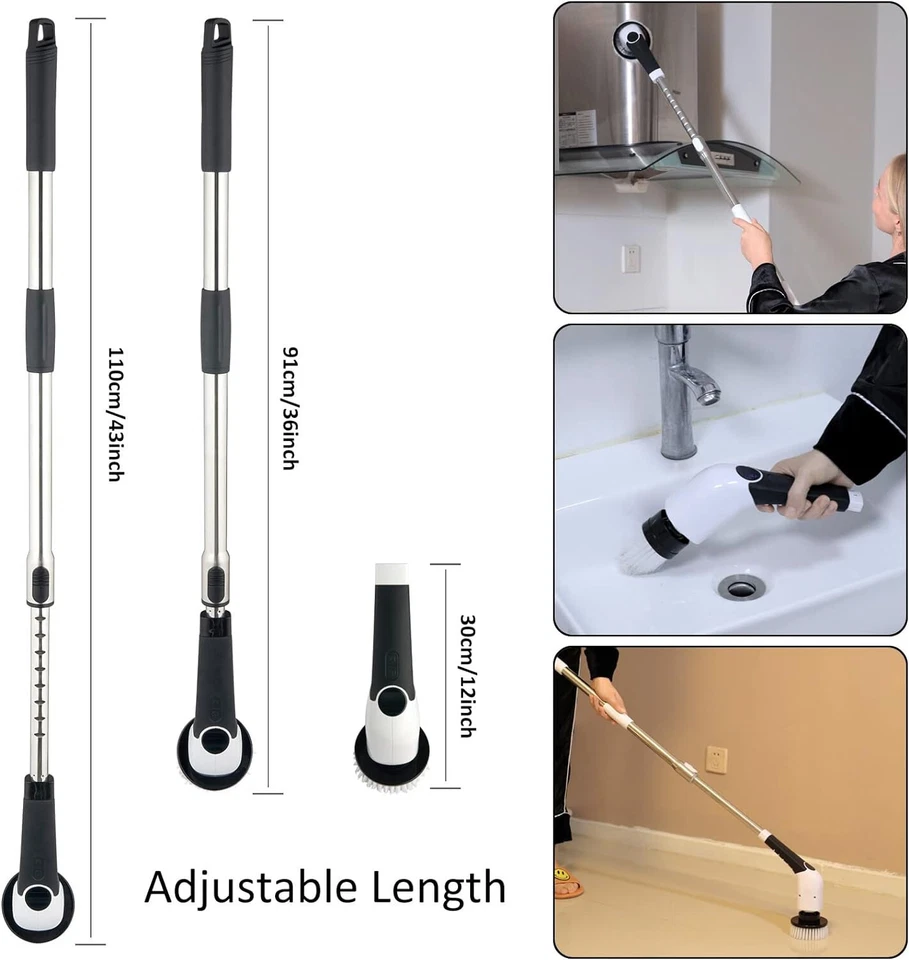 Rechargeable Cordless Spin Scrubber Electric Scrub Cleaning Brush 8 Heads Voice.