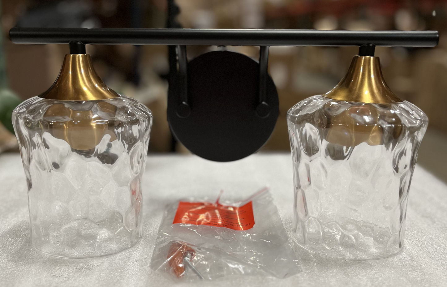 2-Light Bathroom Vanity Light with Hammered Glass, Black Backplate