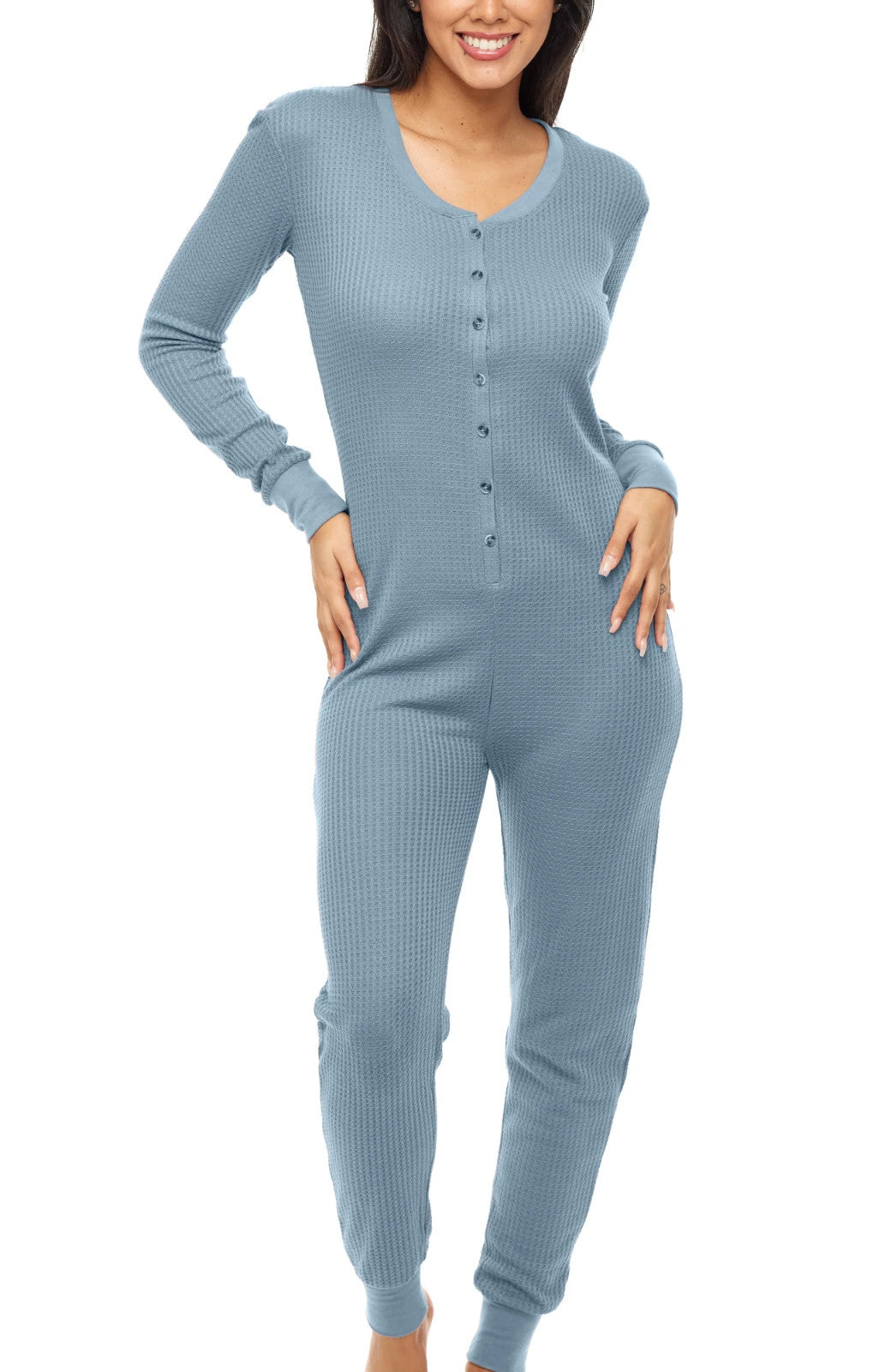 Women's Waffle Knit Pajama Romper Color :Shadow Blue , Size : XL