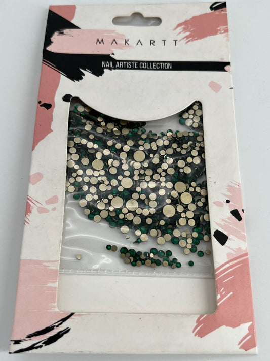 Nail Art Rhinestones Set – Mixed Sizes Green & Gold Flatback Gems for Nail Deco