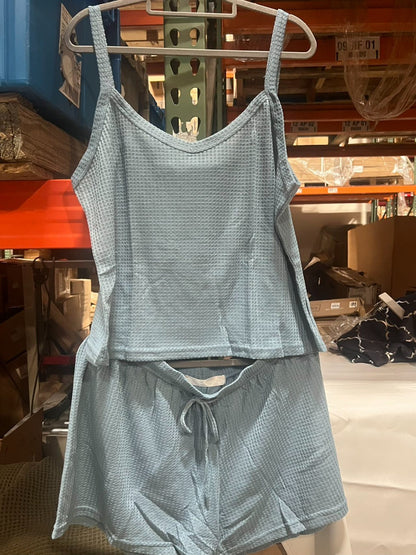 Women's Satin Sleeveless Top & PJ Shorts Pajamas Set Sky blue Size 2XL