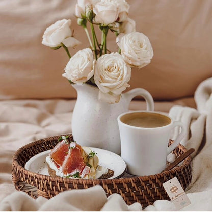 Round Rattan Tray with Mother of Pearl Inlay, Serving Leaf