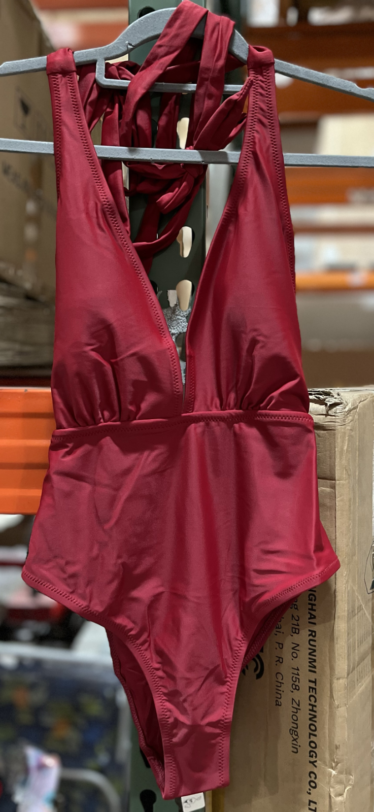 Red Polyester Blend Plunging V-Neck Halter Swimsuit Size S