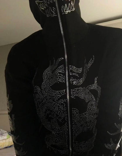 rhinestone dragon Y2K-style full-zip hoodie size (M)