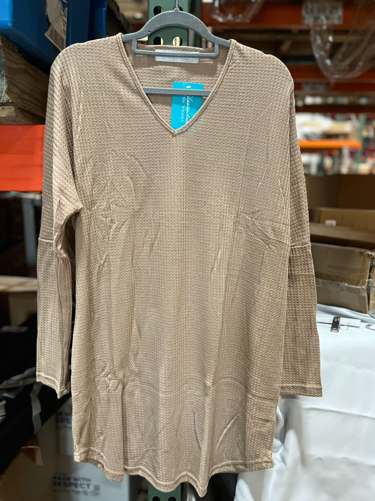 Women's Long Sleeve Knit Nightshirt, V-Neck Sleepshirt, Pajama TopShadow Beige