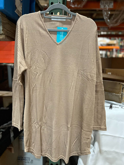 Women's Long Sleeve Knit Nightshirt, V-Neck Sleepshirt, Pajama TopShadow Beige