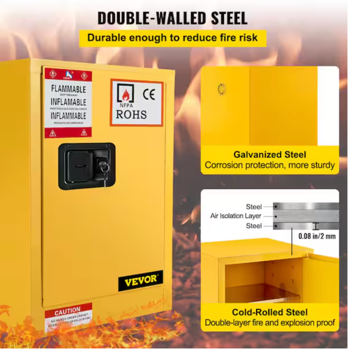 Flammable Safety Cabinet Adjustable Shelf Steel Yellow Storage Cabinet