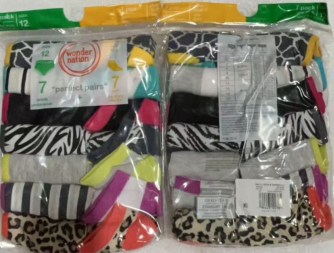 14PCS Wonder Nation Girls Socks & Briefs Set, 7+7 Pack ,size12
