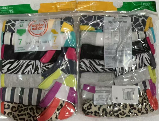 14PCS Wonder Nation Girls Socks & Briefs Set, 7+7 Pack ,size12