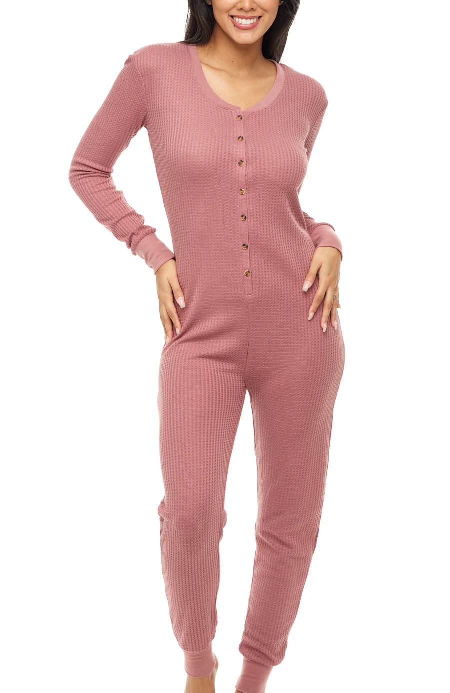 Women's Waffle Knit Thermal  Pajama Romper  Rose 2X