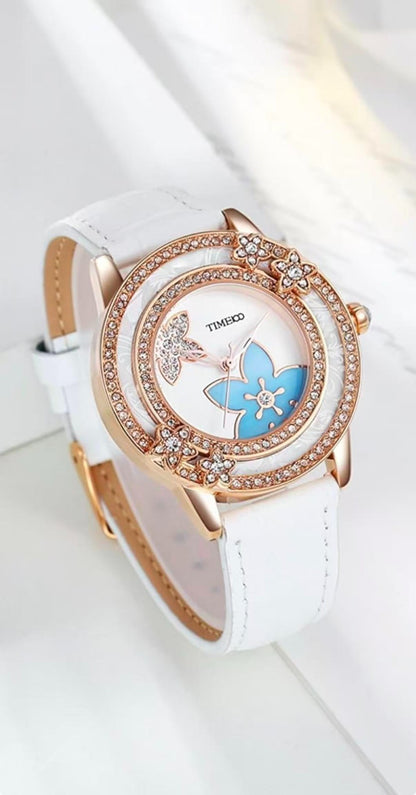 winkle Flower Diamonds-Set Cowhide White Leather Strap Ladies Watch