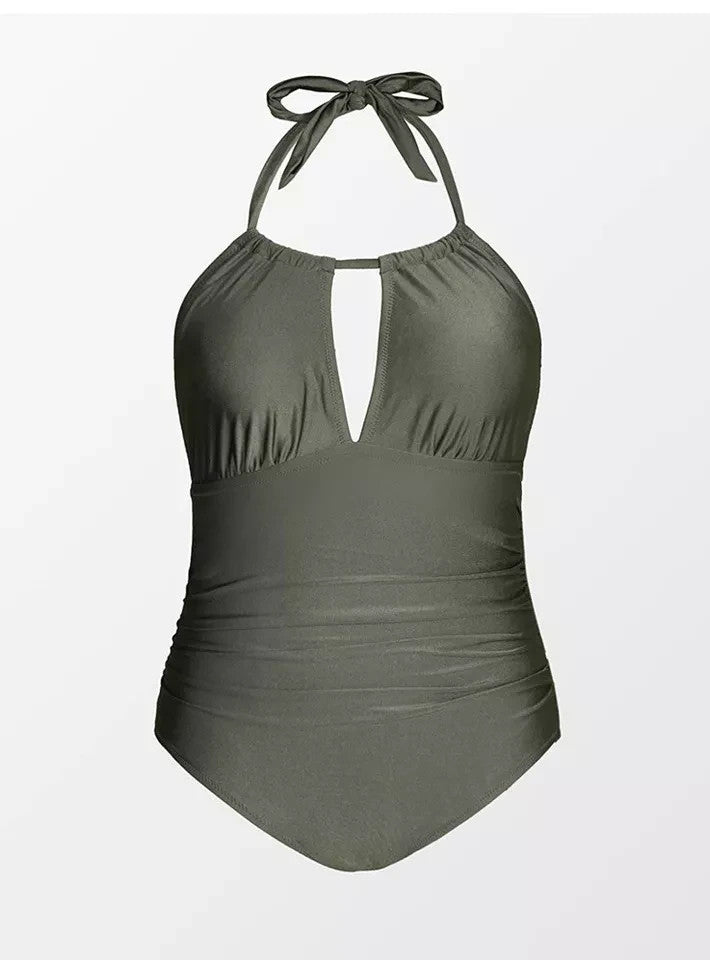2XL Women Ruched Cutout Halter Self Tied Bathing Suit olive gree