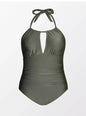 2XL Women Ruched Cutout Halter Self Tied Bathing Suit olive gree