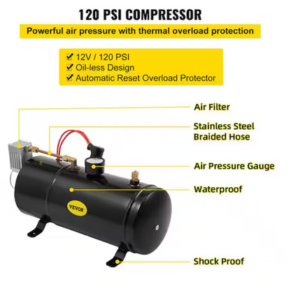 Air Horns Kit 150DB Air Compressor Tank 4 Trumpet Super Loud with 120 PSI 12volt