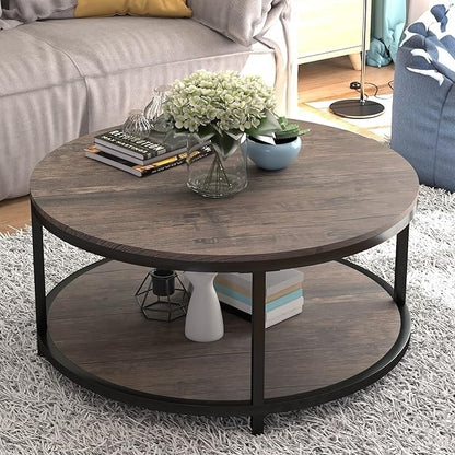 NSdirect 36" Round Coffee Table with Storage Shelf – Light Walnut
