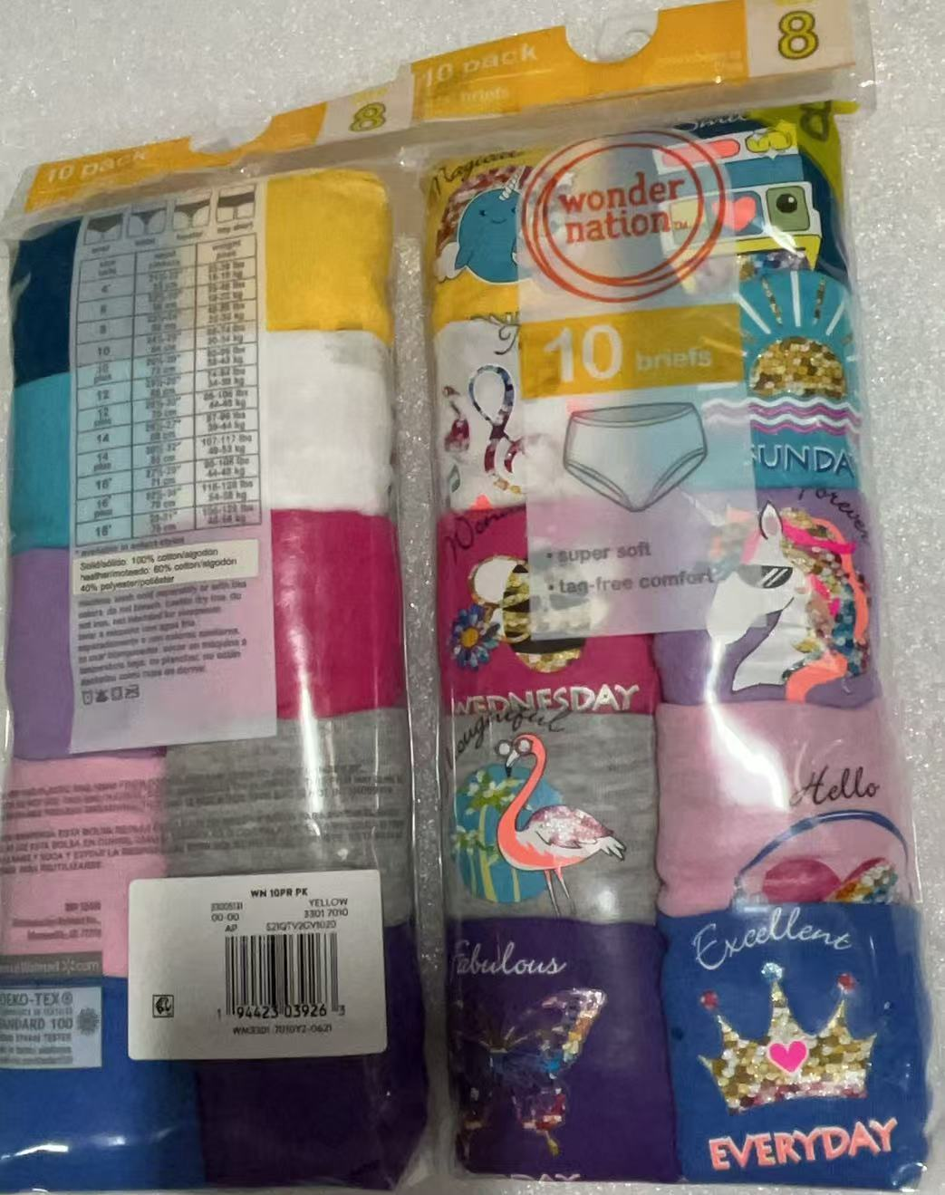 20PCS Wonder Nation 10 Pack Girls Briefs/Panties Size 8 Multi Color Days Of Week