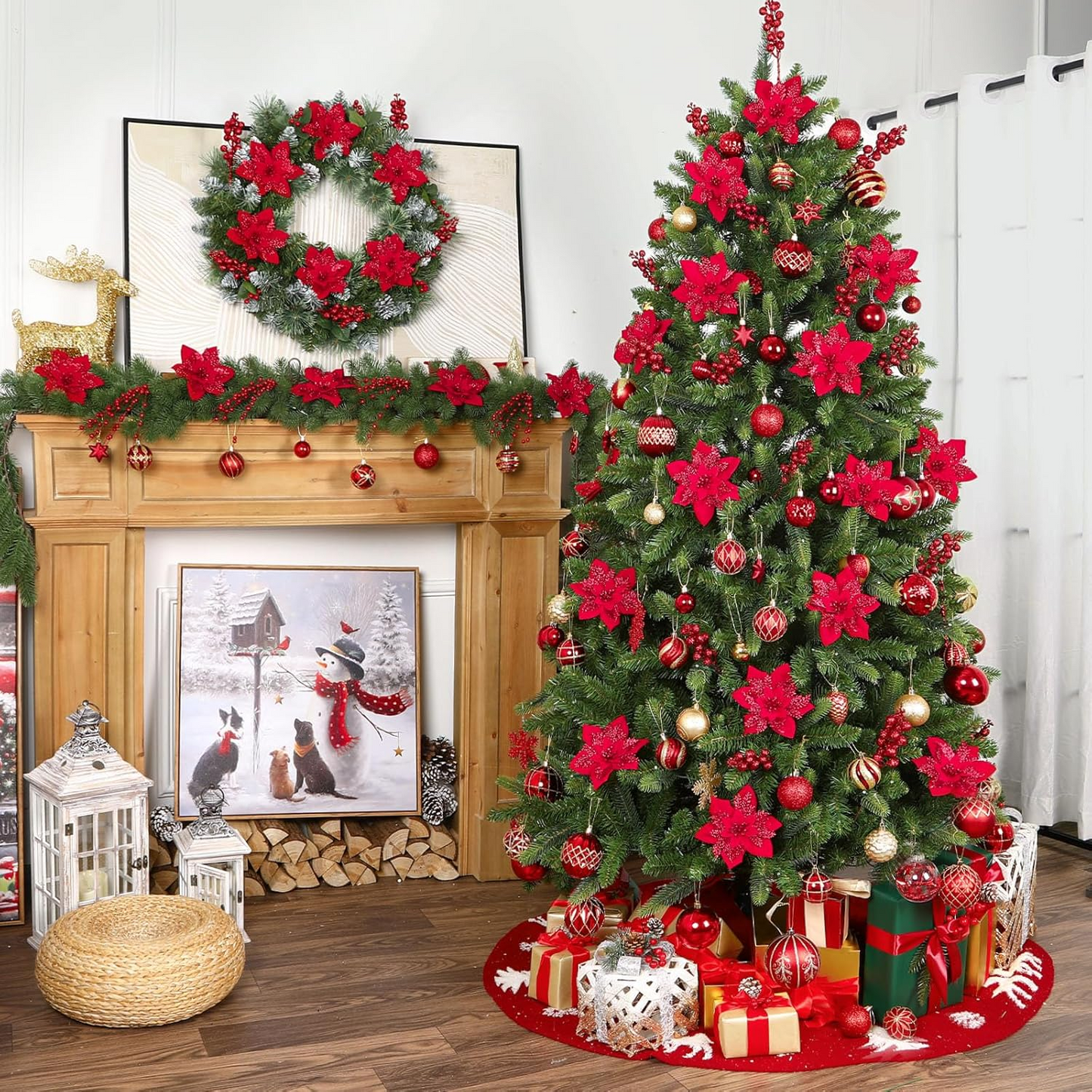 Glitter Christmas Poinsettia Hanging Flowers Xmas Party Tree Decoration US