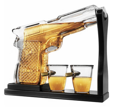 Gifts for Men Dad Whiskey Decanter Set 9 Oz with Two 2 Oz Glasses, Pistol Gun Bi
