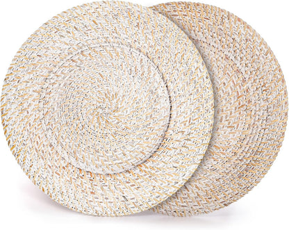 White Rattan Charger Plates 13" Set of 4 Rustic Woven Table Decor
