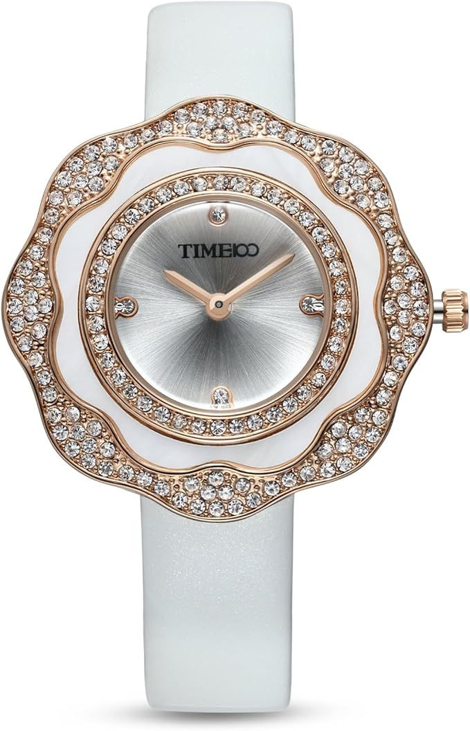 Women Leather Band Wrist Watch, Plum-Shaped Pearl Bezel Diamond-Set Waterproof Q