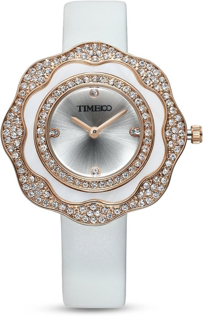 Women Leather Band Wrist Watch, Plum-Shaped Pearl Bezel Diamond-Set Waterproof Q
