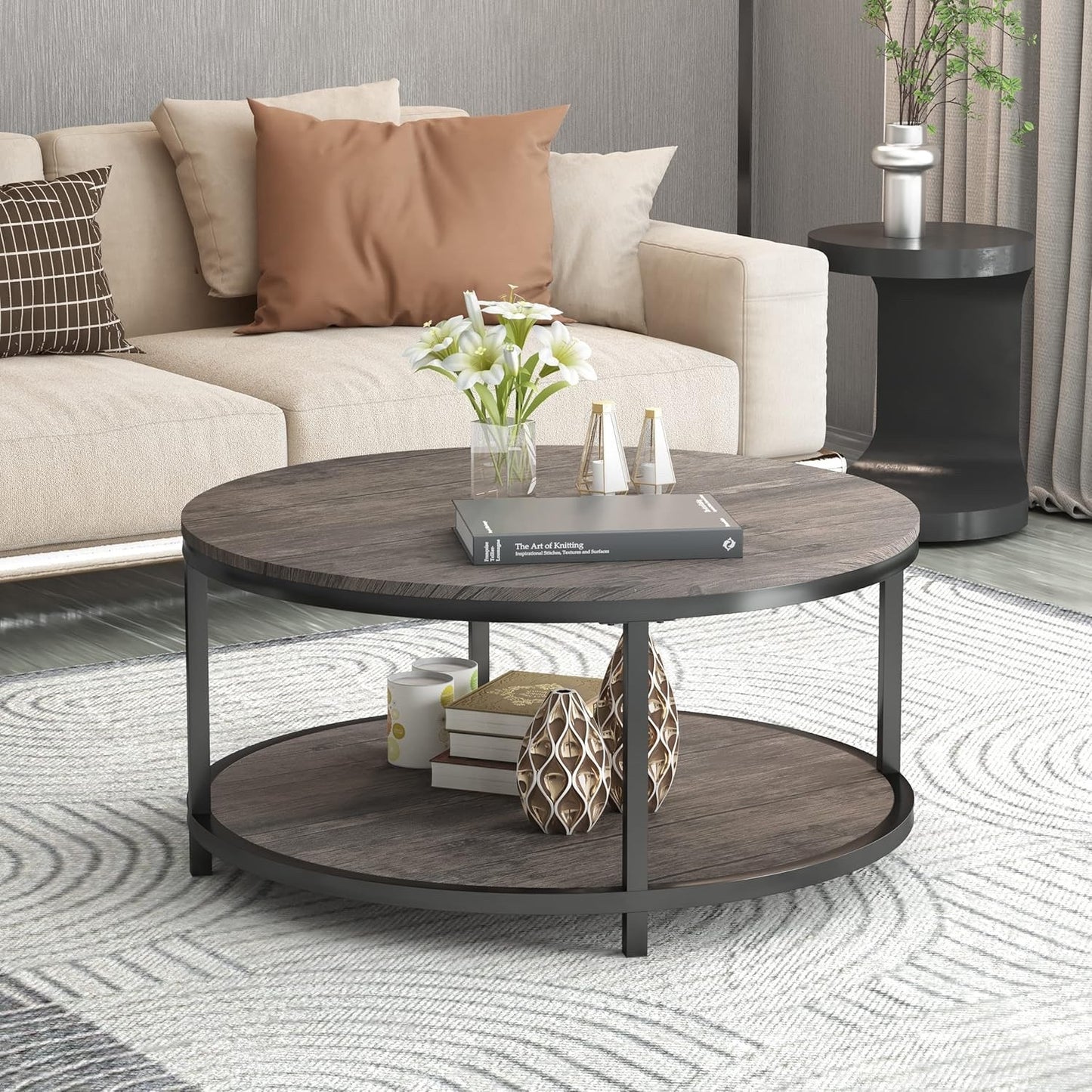 NSdirect 36" Round Coffee Table with Storage Shelf – Light Walnut