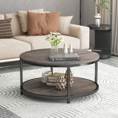 NSdirect 36" Round Coffee Table with Storage Shelf – Light Walnut