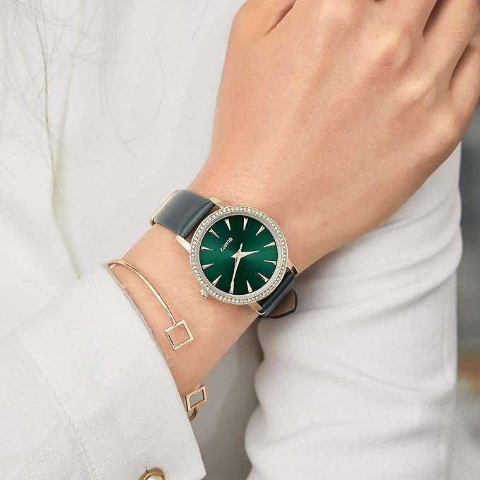Japanese Quartz Fashion Waterproof Wrist Watch Women Crystal Dial Leather green