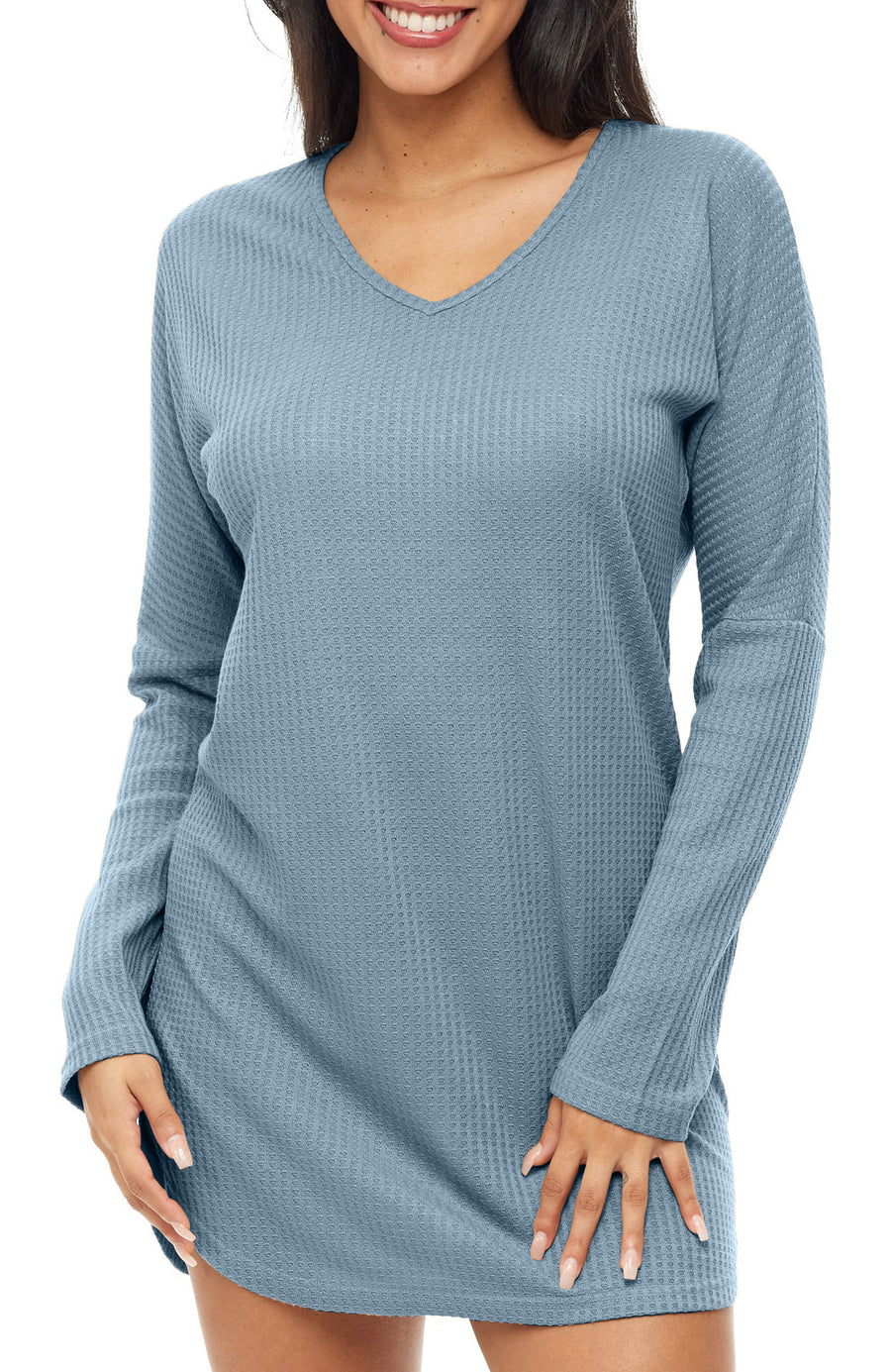 Women's Long Sleeve Knit Nightshirt, V-Neck Sleepshirt, Pajama Top Sky blue XL