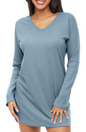 Women's Long Sleeve Knit Nightshirt, V-Neck Sleepshirt, Pajama Top Sky blue XL