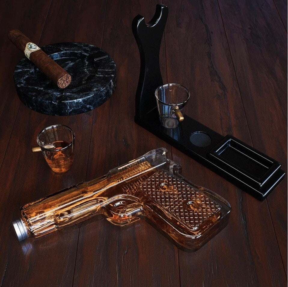 Gifts for Men Dad Whiskey Decanter Set 9 Oz with Two 2 Oz Glasses, Pistol Gun Bi