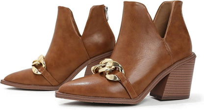 Women’s Pointed Toe Western Ankle Boots Brown Size 6  with Chain