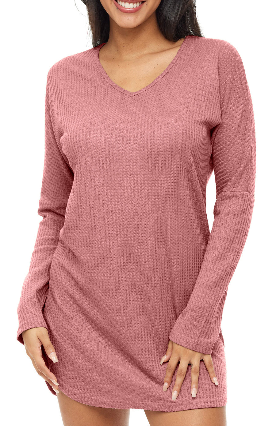 Women's Long Sleeve Knit Nightshirt, V-Neck Sleepshirt, Pajama TopRose Taupe M